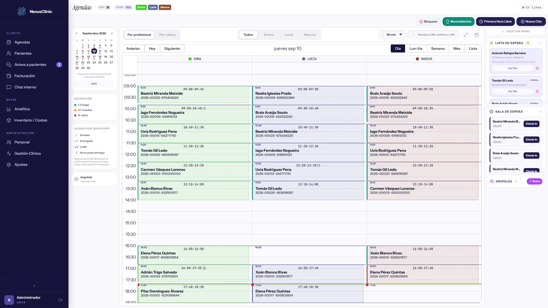 Agenda del día de NexusClinic con tres profesionales en columnas paralelas, lista de espera y sala de espera