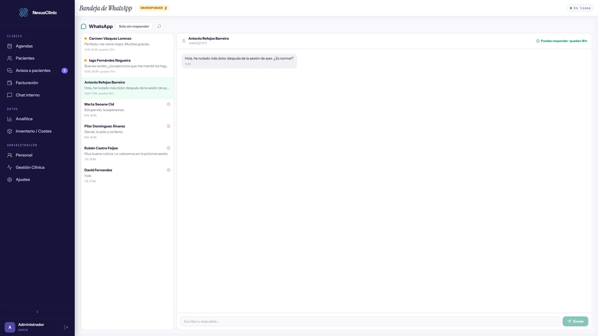 Conversación de WhatsApp en NexusClinic con el aviso del tiempo restante para responder