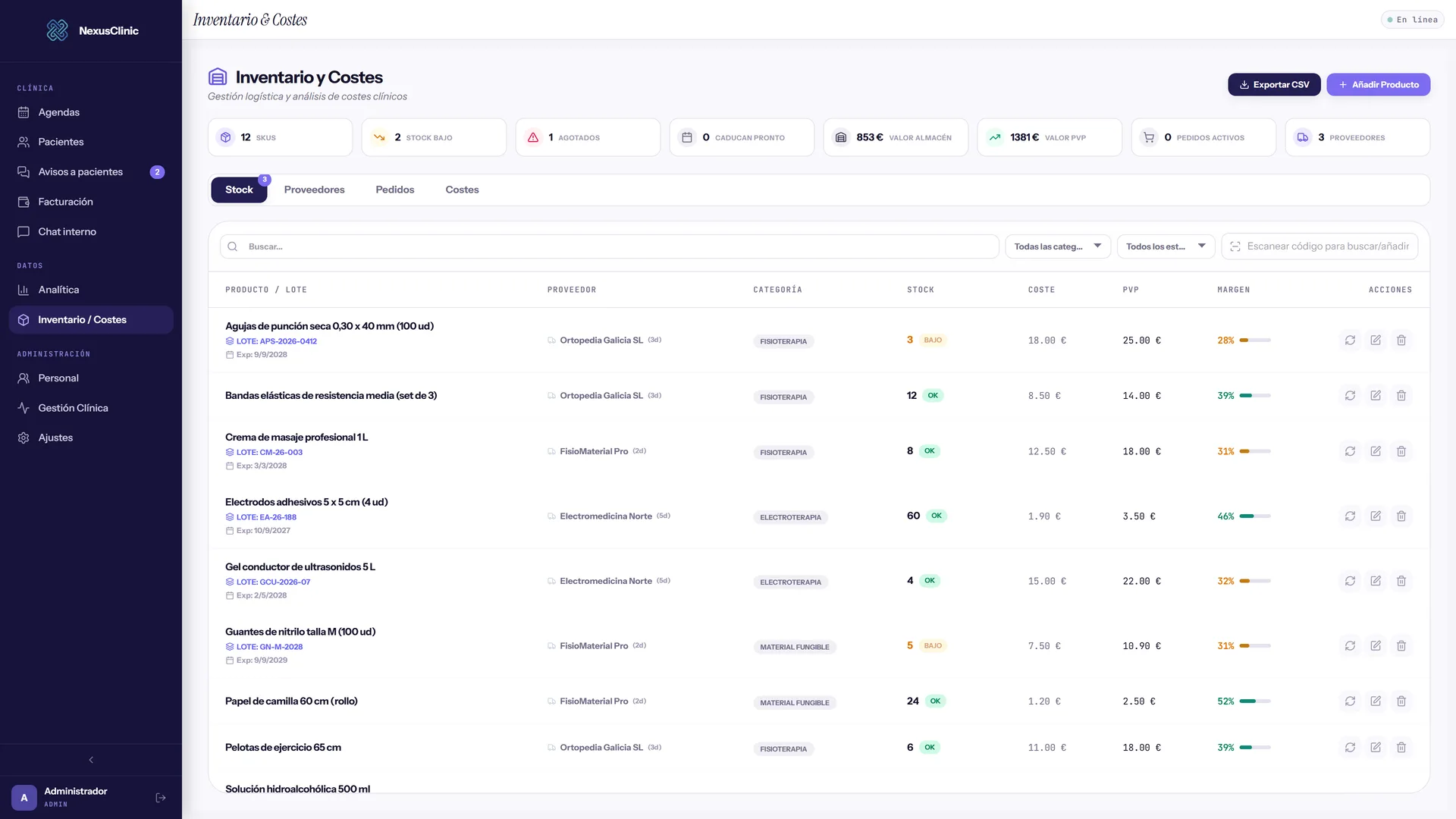 Inventario de NexusClinic con lotes, caducidades, coste y margen de cada producto