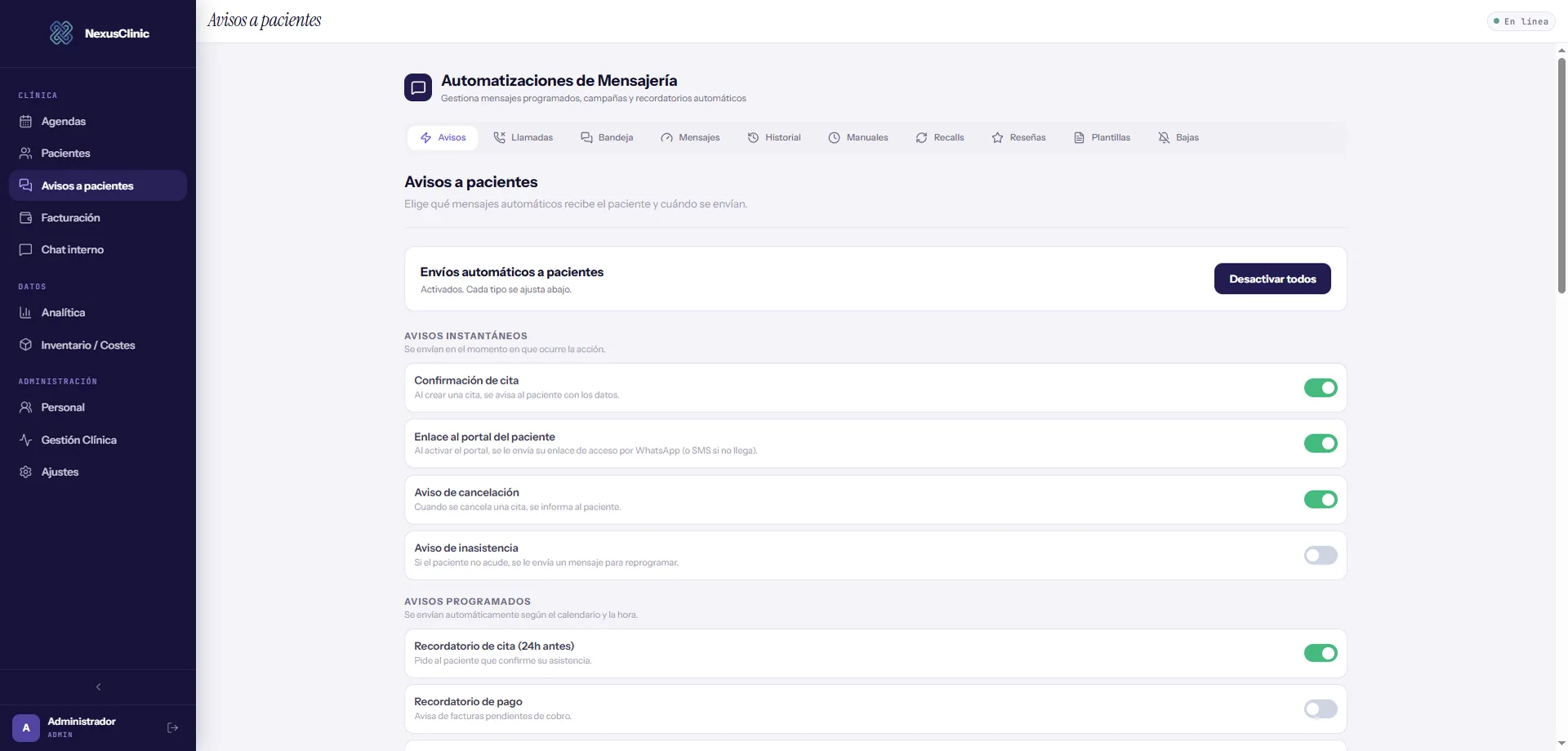 Automatizaciones de mensajería de NexusClinic con los avisos instantáneos y programados y sus interruptores
