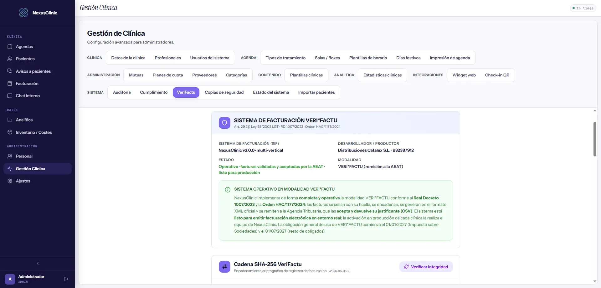 Panel VeriFactu de NexusClinic con el estado del sistema de facturación y la cadena SHA-256